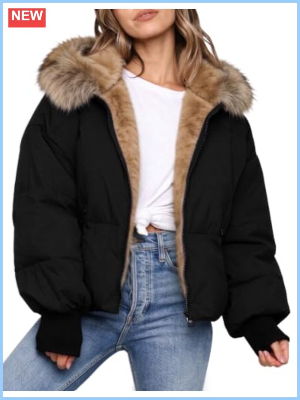 Faux Fur Lined Quilted Hooded Puffer Jacket Zip Up Cropped Winter Coat